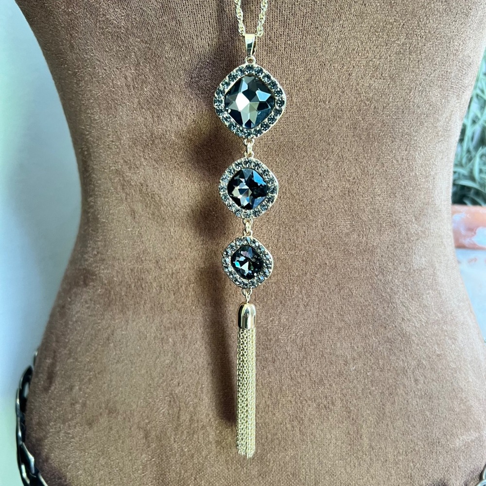 Vintage Gold Tone Smoky Rhinestone‎ Tassel Pendant Necklace Size 30" Glam 90s